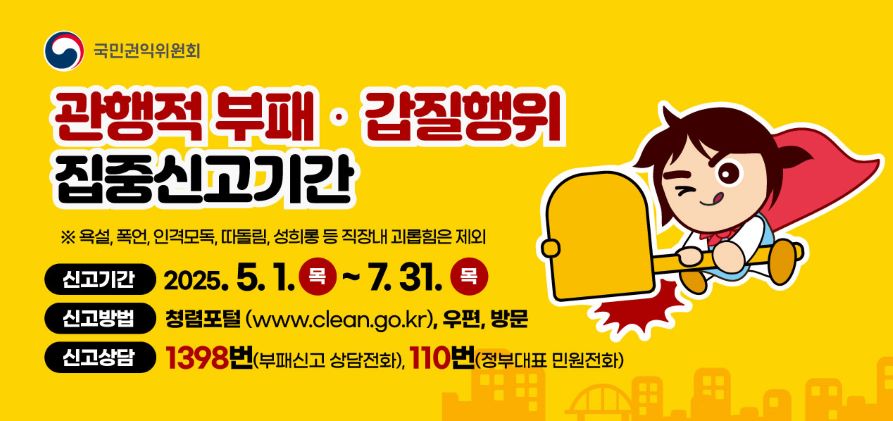 관행적 부패 및 갑질행위 집중신고기간(2025.5.1 ~ 2025.7.31), 신고방법(청렴포털 www.clean.go.kr, 우편, 방문), 신고상담(1398번 - 부패신고 상담전화, 110번 - 정부대표 민원전화)에 대한 안내 (욕설,  폭언, 인격모독, 따돌림, 성희롱 등 직장내 괴롭힘은 제외)